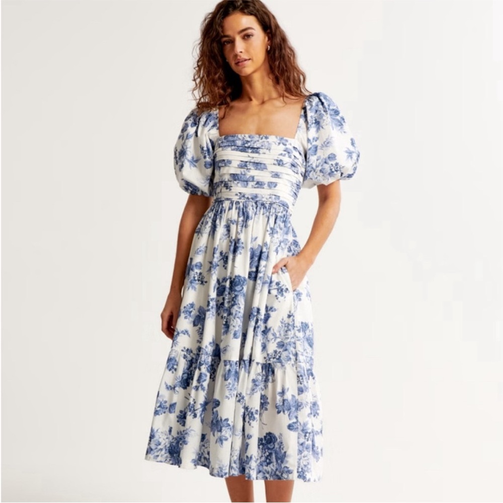 Abercrombie & Fitch Emerson Blue Floral Puff-Sleeve Midi Dress